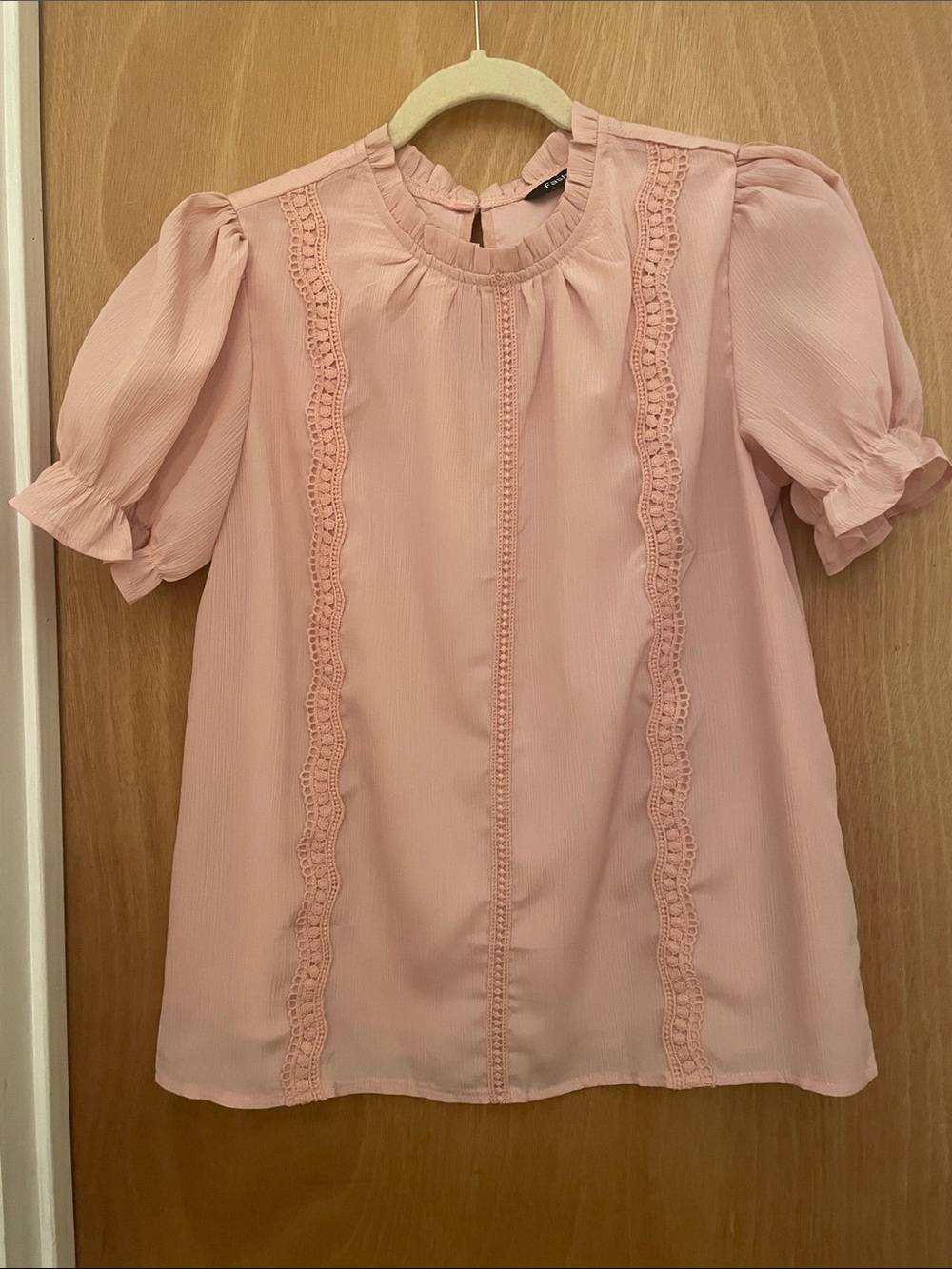 Blush Pink Lace-Trim Puff Sleeve Blouse